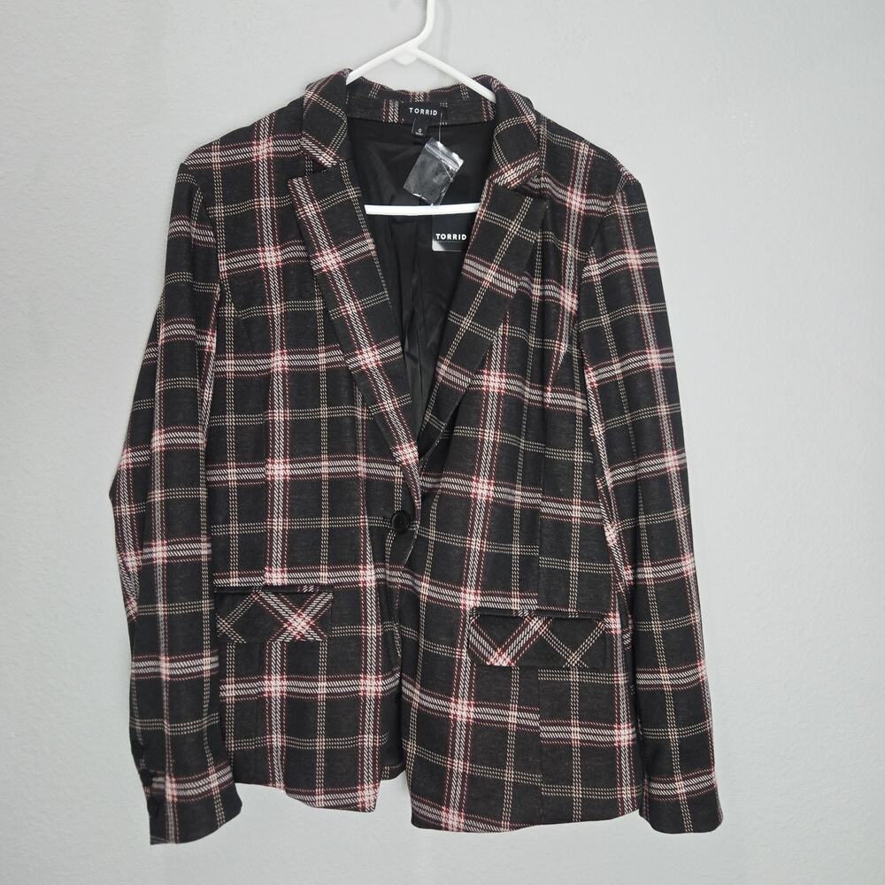 Torrid L Black Plaid Double Knit Blazer